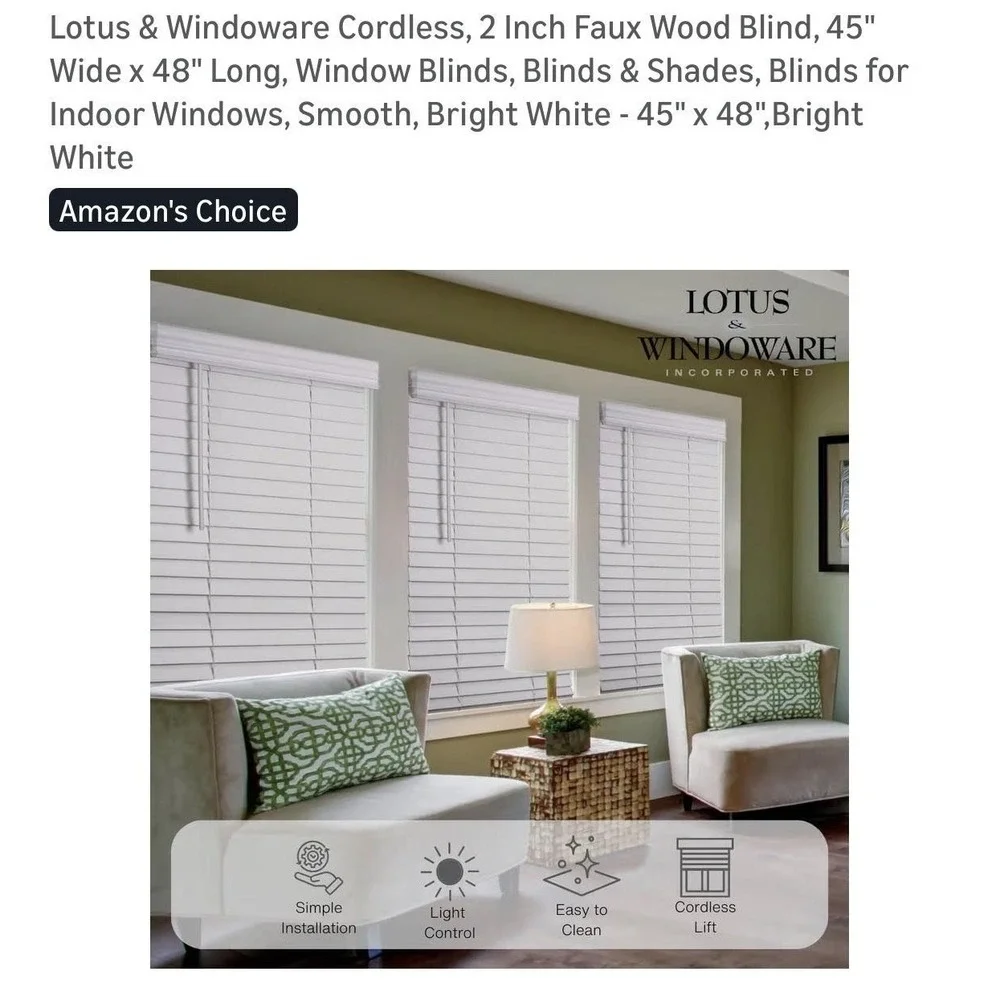 Lotus‎ & Windoware Cordless 2in Faux Wood Blind 45x48 Bright White Indoor Use